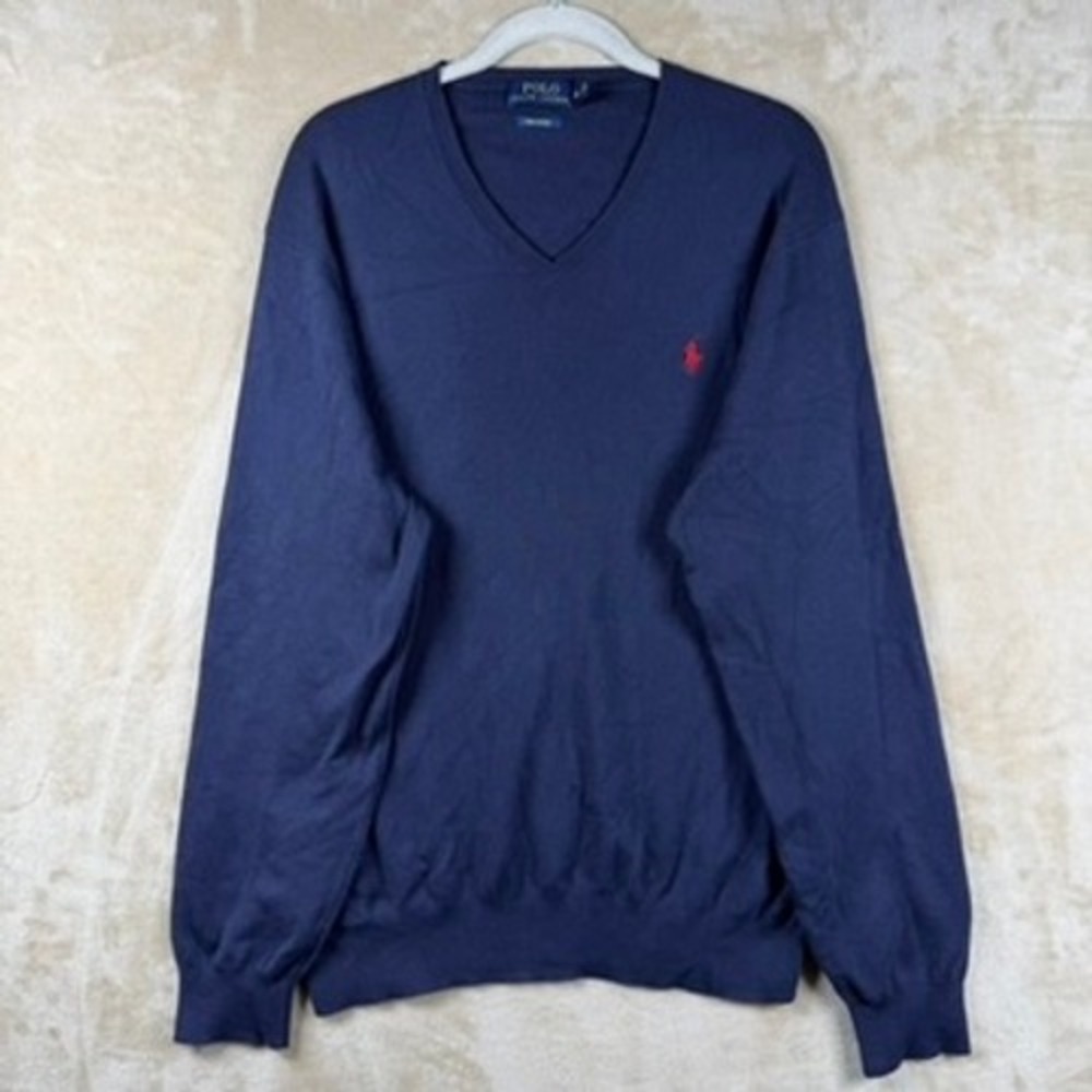 Polo Ralph Lauren Mens XL Navy Blue Pima Cotton V-Neck Sweater Red Pony Logo